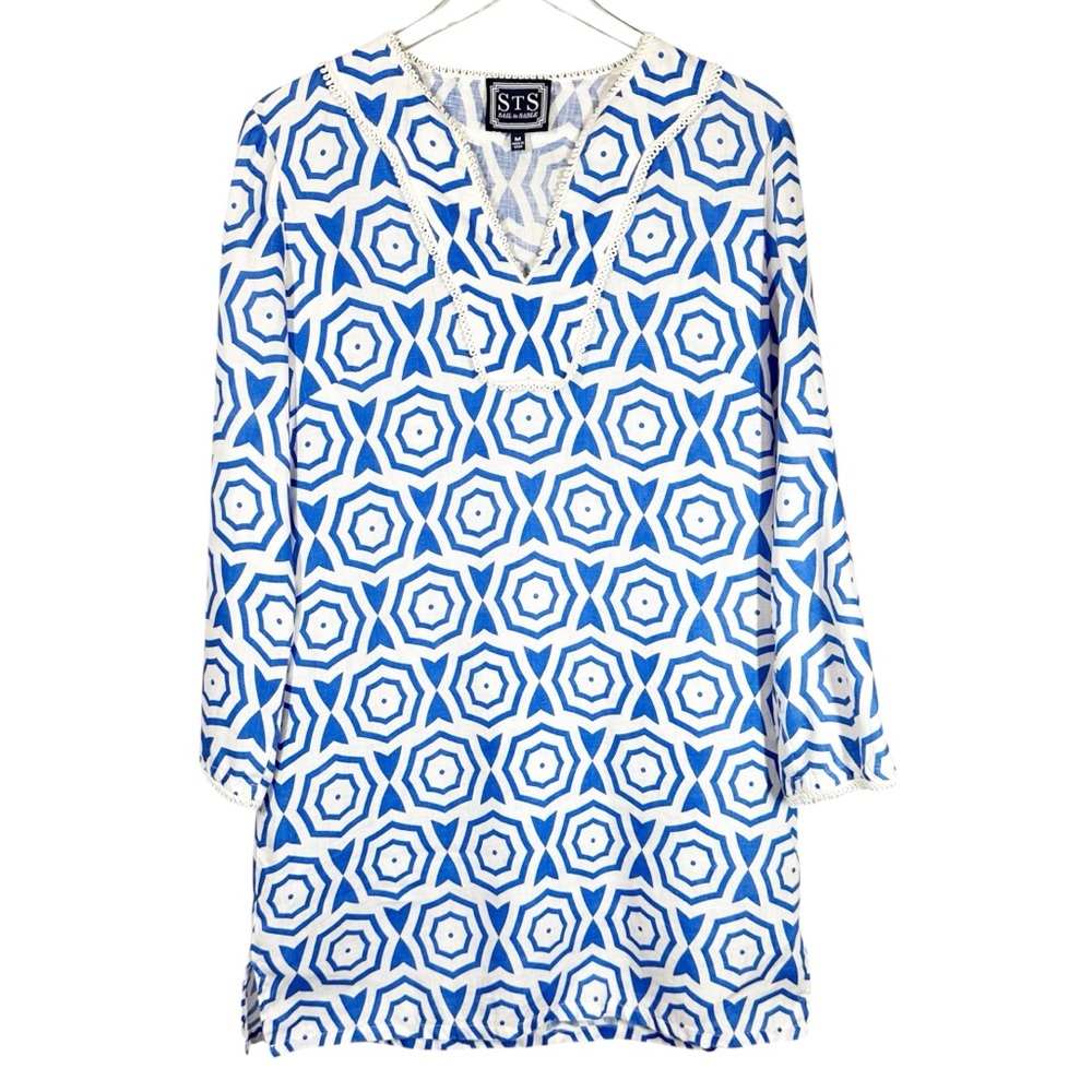 STS SAIL TO SABLE Women's Medium Blue & White Patterned Linen Coastal Dress